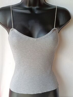 Ribbed Mild Stretch Spaghetti Strap Knit Tank Top - Gray Size Small
